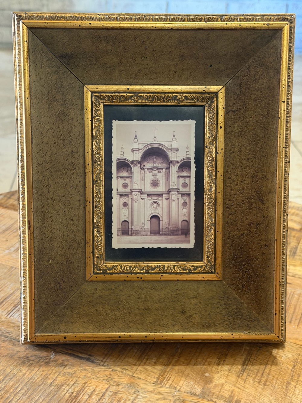 Antiqued Gold Tabletop Picture Frame Wide Distressed Wood Look Ornate, Spain